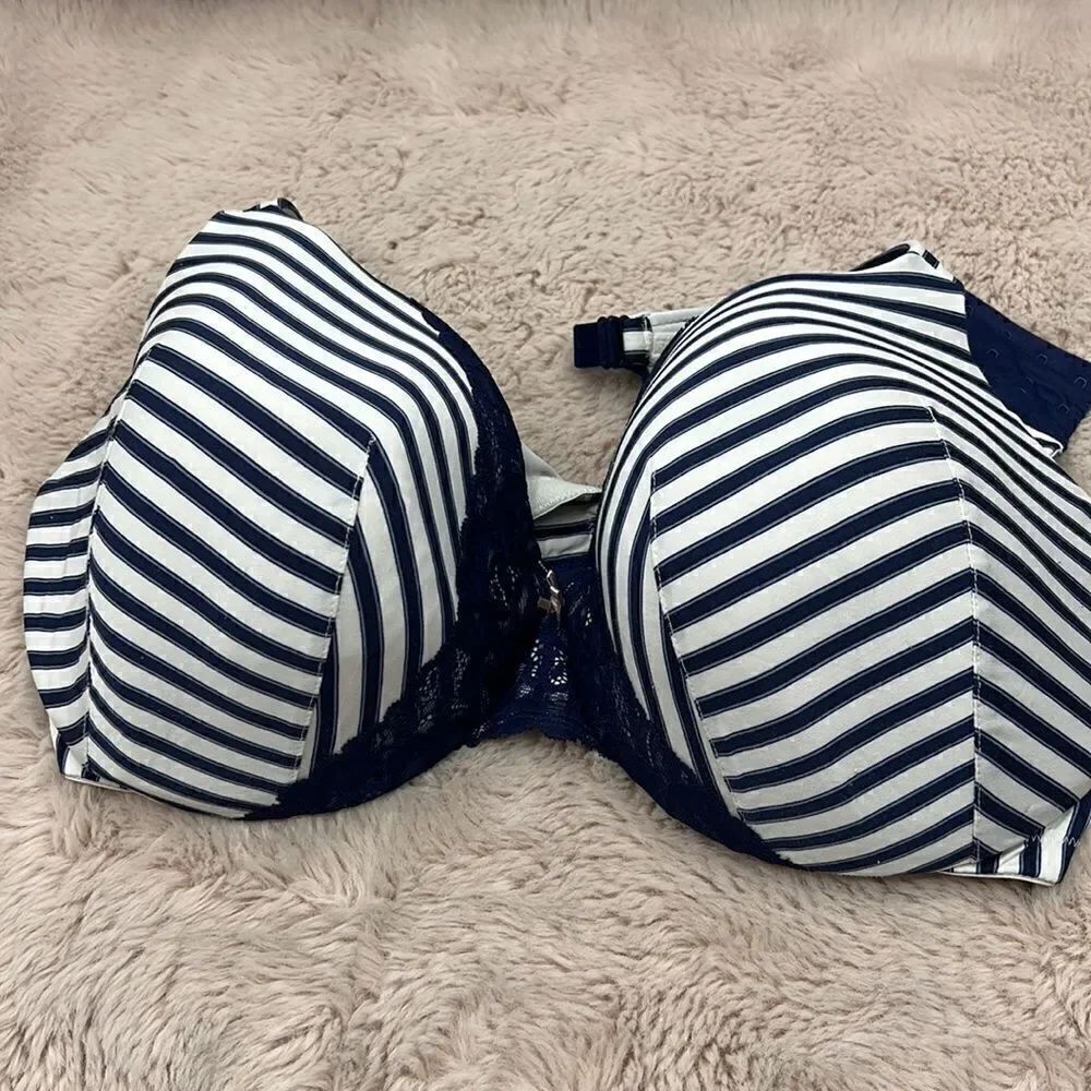 Cacique blue striped lace lightly lined full coverage bra